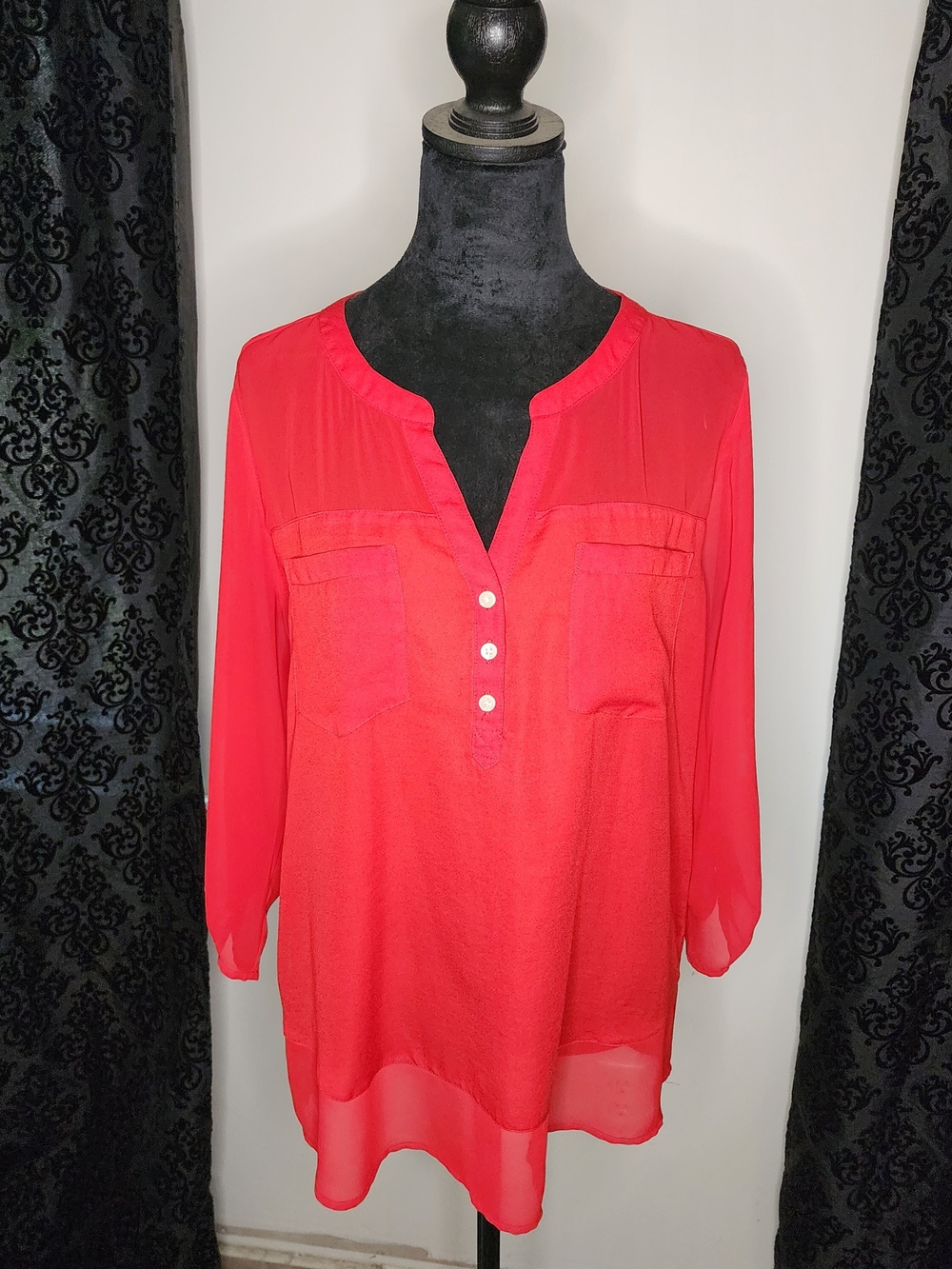 Express Bright Red Split-Neck Button Blouse